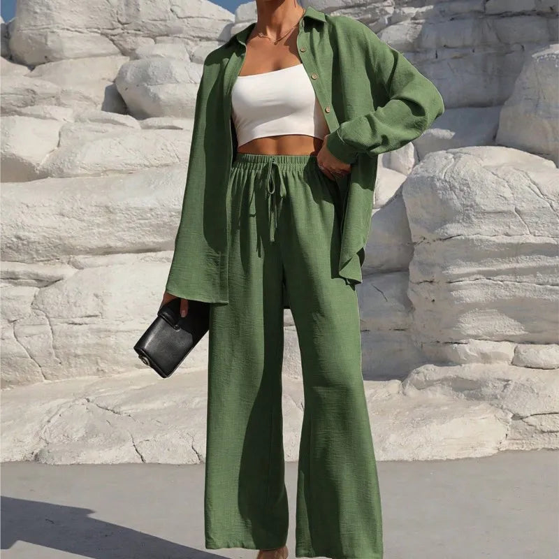 Fashion Commuter Women'S Trousers Suit Spring/Autumn New Casual Solid Color Long-Sleeved Single-Breasted Top Loose Trousers Suit