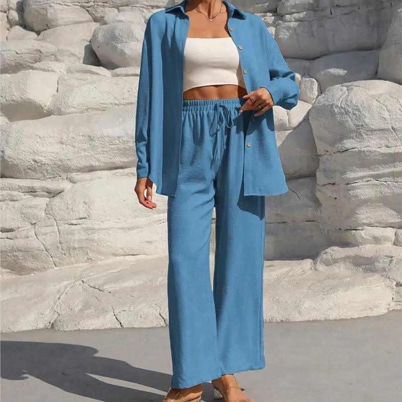 Fashion Commuter Women'S Trousers Suit Spring/Autumn New Casual Solid Color Long-Sleeved Single-Breasted Top Loose Trousers Suit