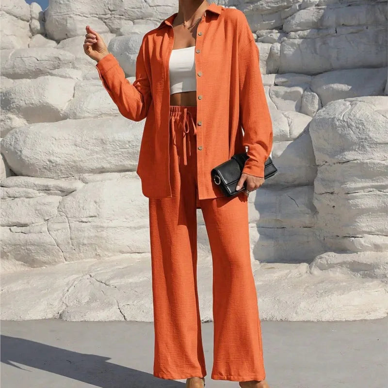 Fashion Commuter Women'S Trousers Suit Spring/Autumn New Casual Solid Color Long-Sleeved Single-Breasted Top Loose Trousers Suit