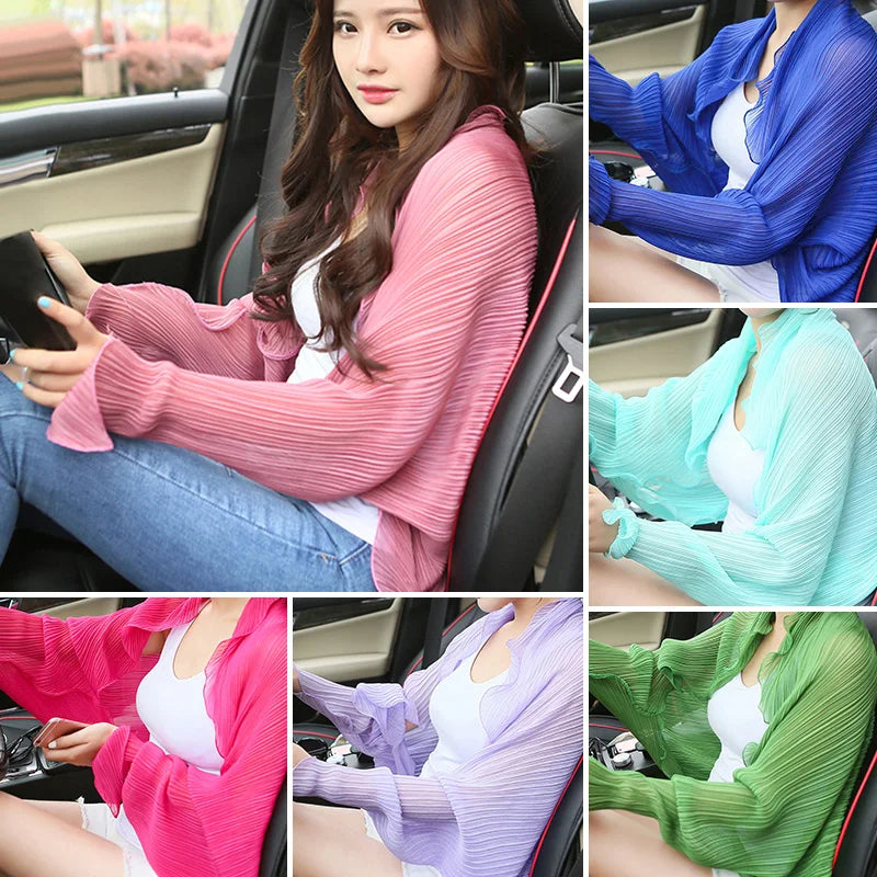 Women Summer Thin Ruffle Cardigan Outdoor Driving Cycling Sun Protection Shawl Long Sleeve Solid Color Pleated Chiffon Coat Tops