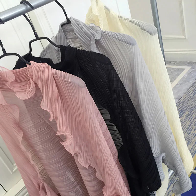 Women Summer Thin Ruffle Cardigan Outdoor Driving Cycling Sun Protection Shawl Long Sleeve Solid Color Pleated Chiffon Coat Tops